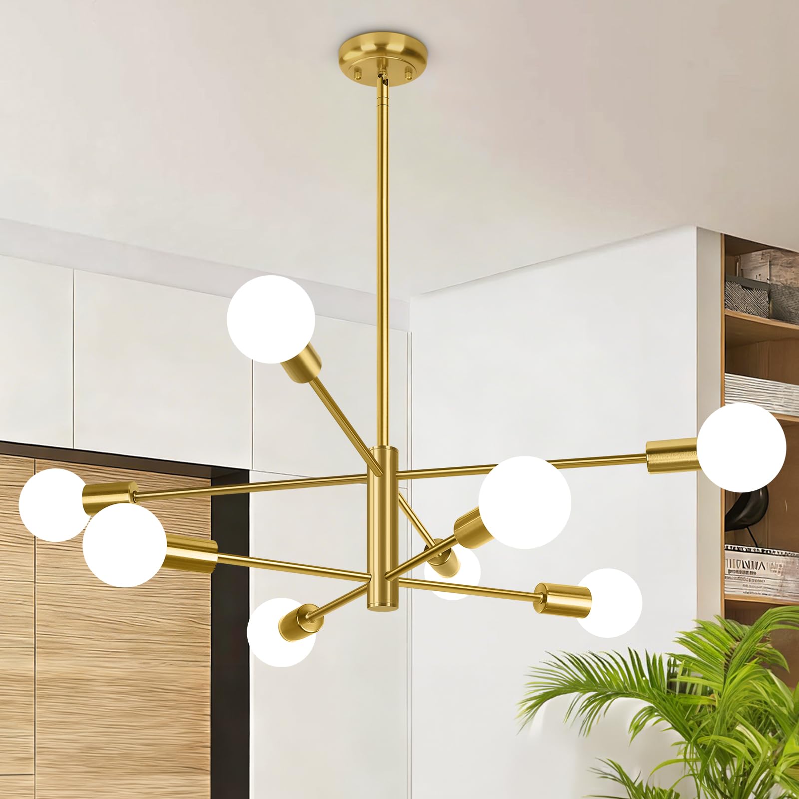 Gold 8-Light Sputnik Chandelier, Mid-Century Fixture for Home Decor