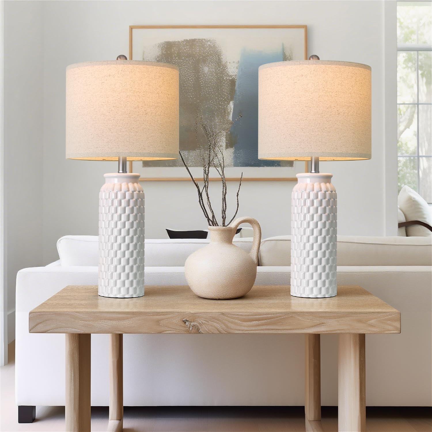 27-inch ceramic table lamps, set of 2, farmhouse boho nightstand lamps