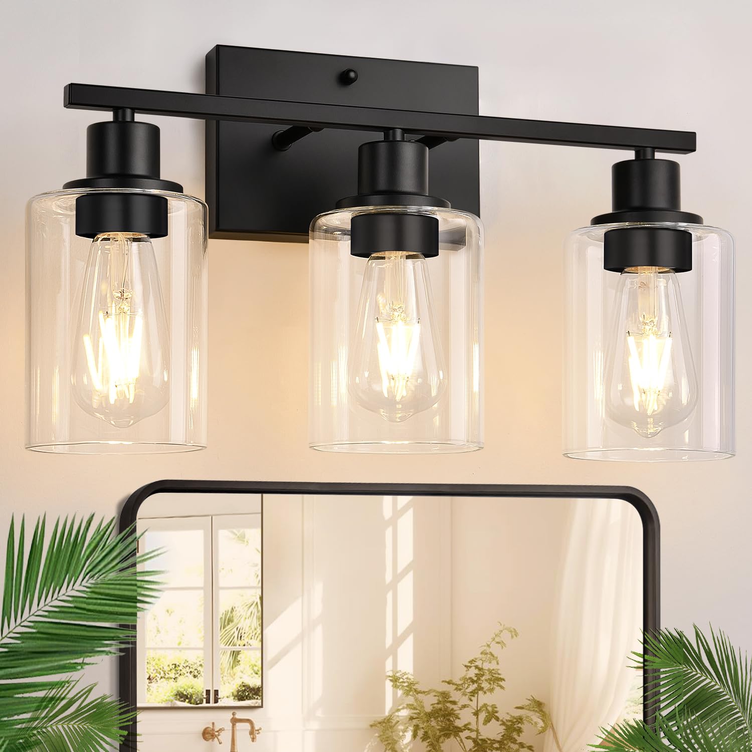 3-light matte black vanity wall lamp with clear glass shade decor