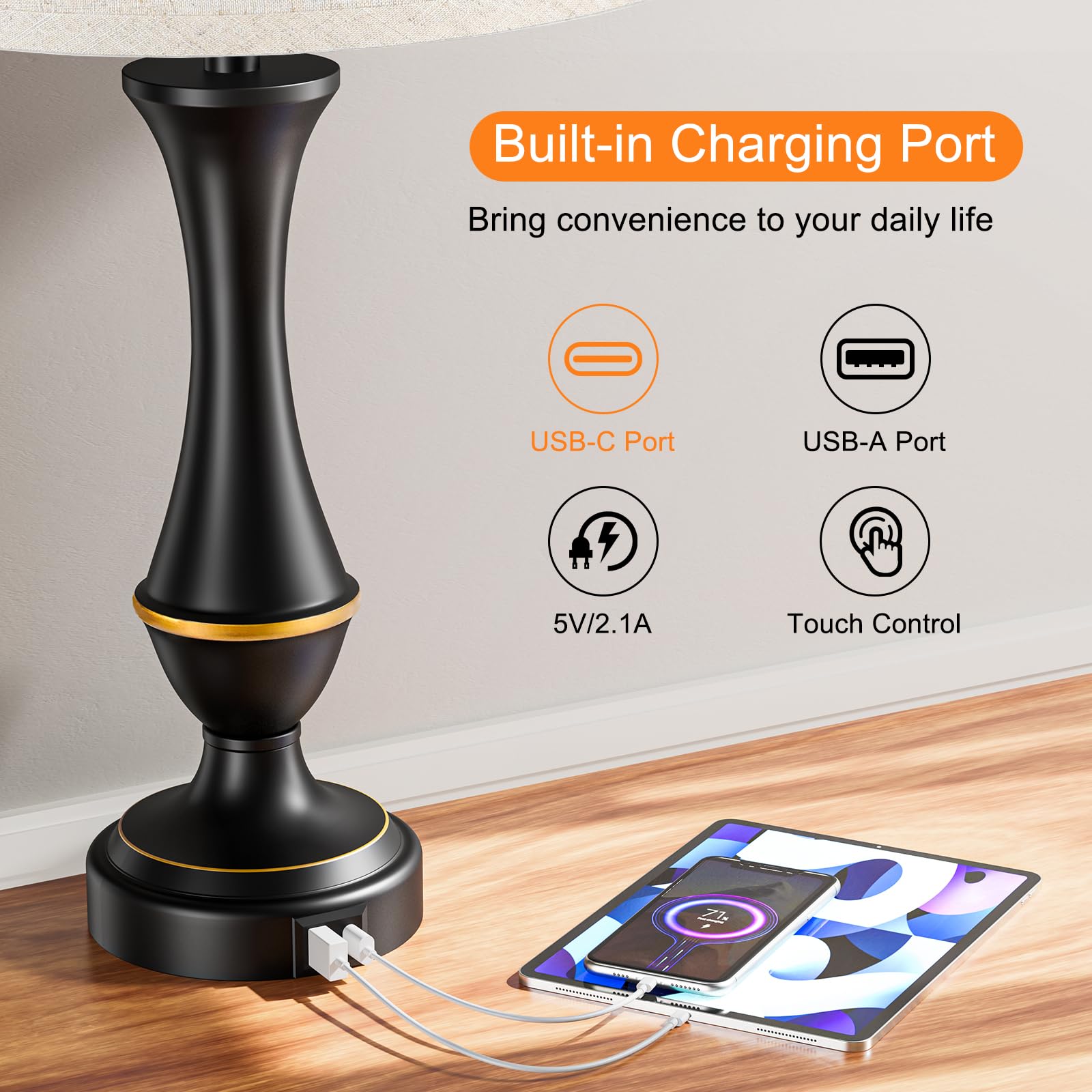 Touch control table lamp set of 2 with USB charging