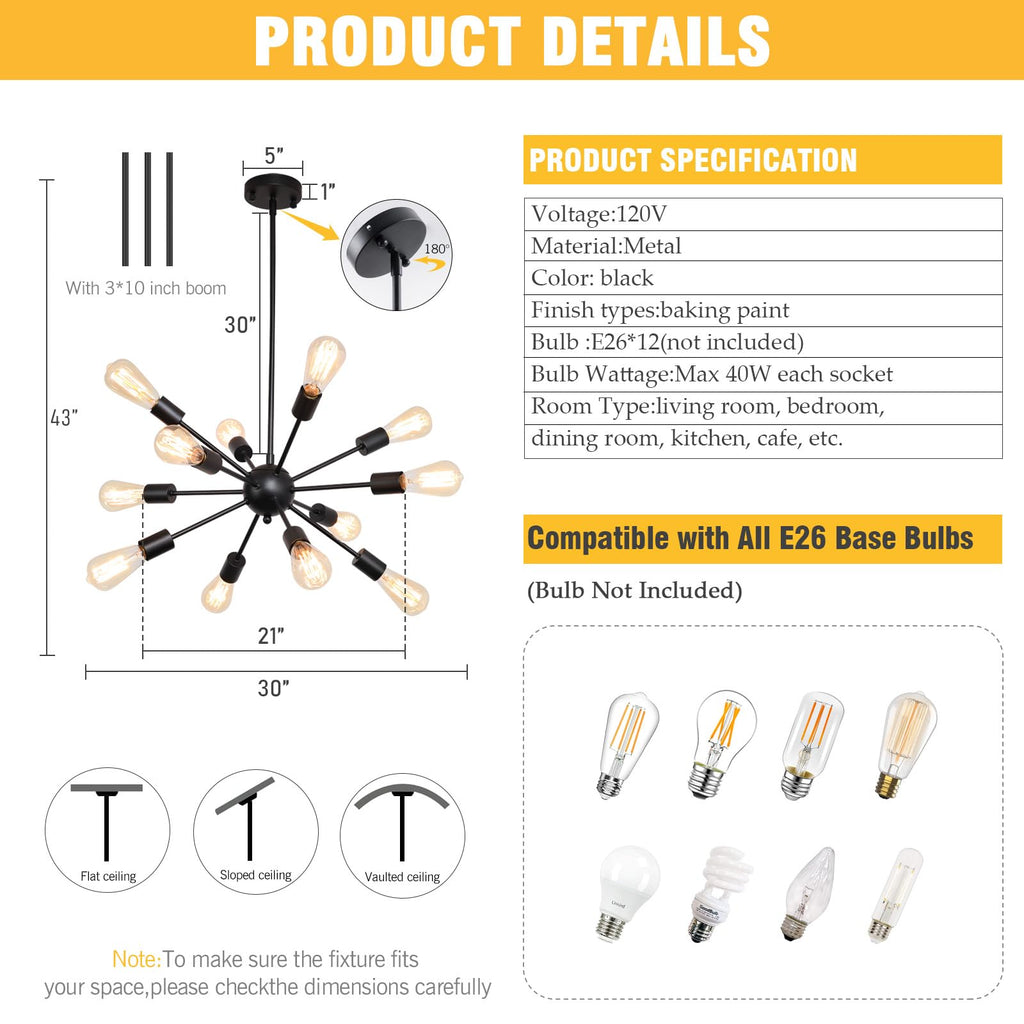 Black 12-Light Sputnik Farmhouse Chandelier for Home Decor