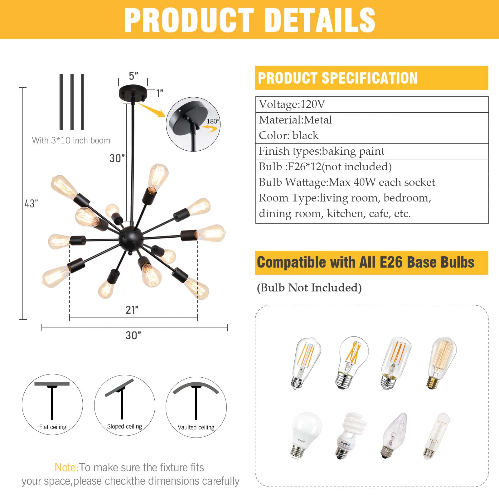 Black 12-Light Sputnik Farmhouse Chandelier for Home Decor