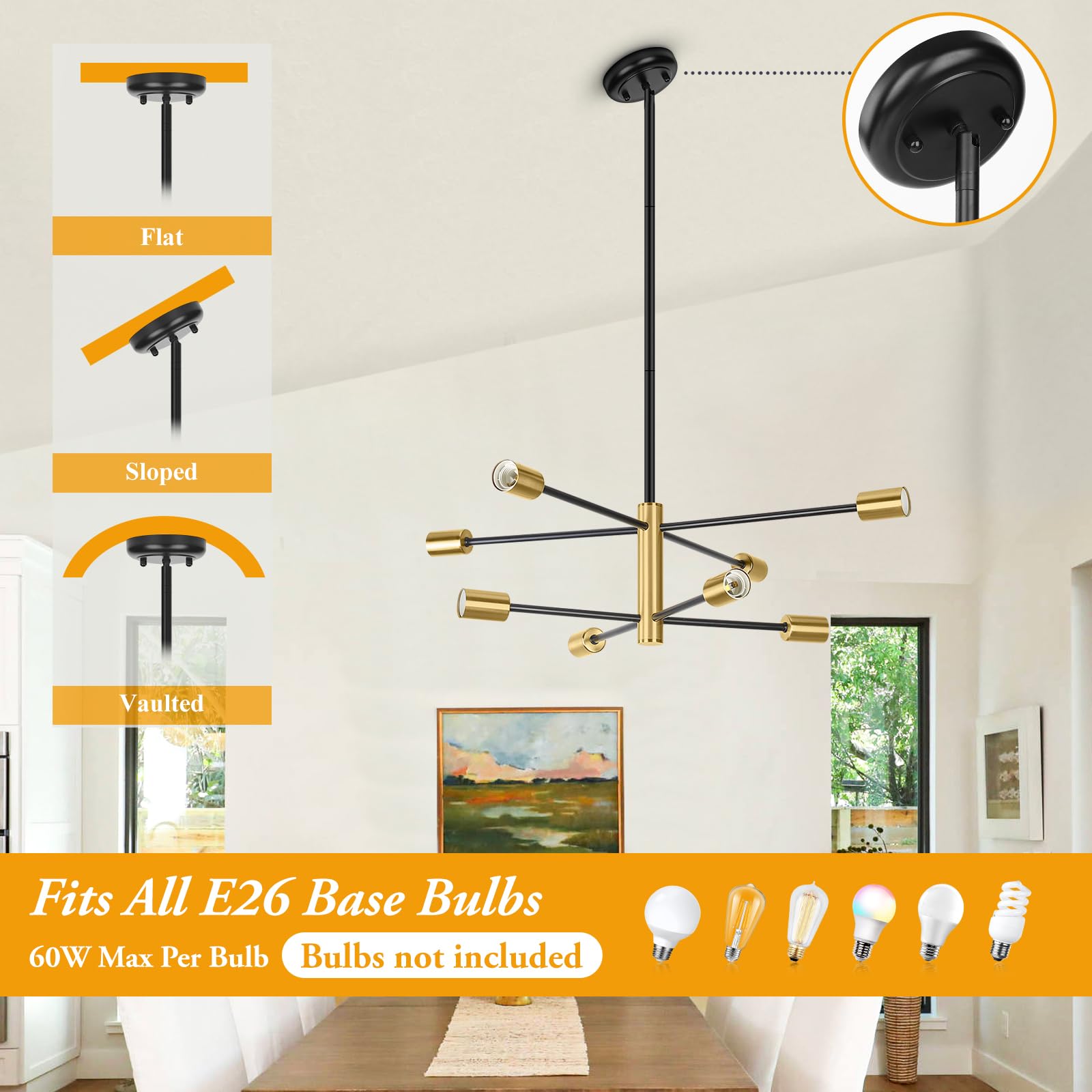 8-light black & gold Sputnik chandelier, height-adjustable decor
