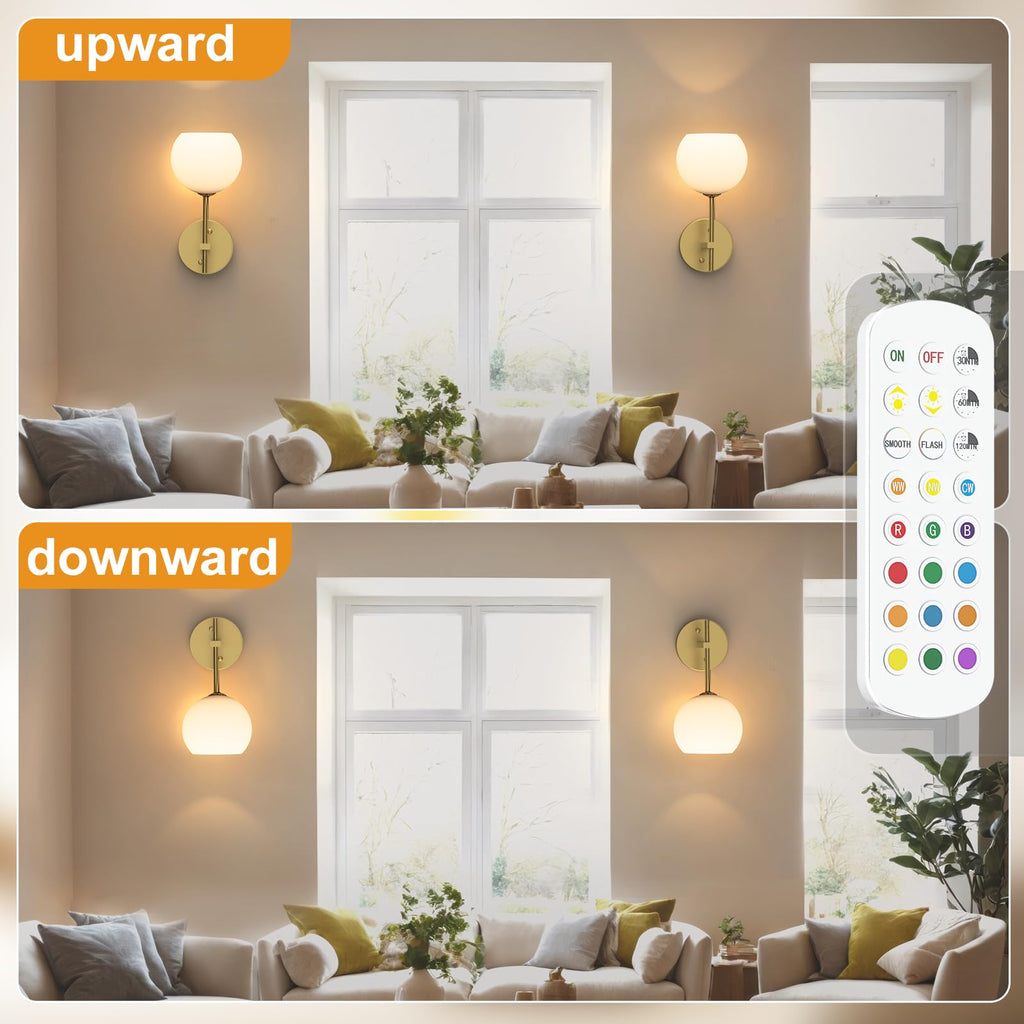 RGB Wall Sconce Set of Two with Remote, Glass Shade Wall Decor