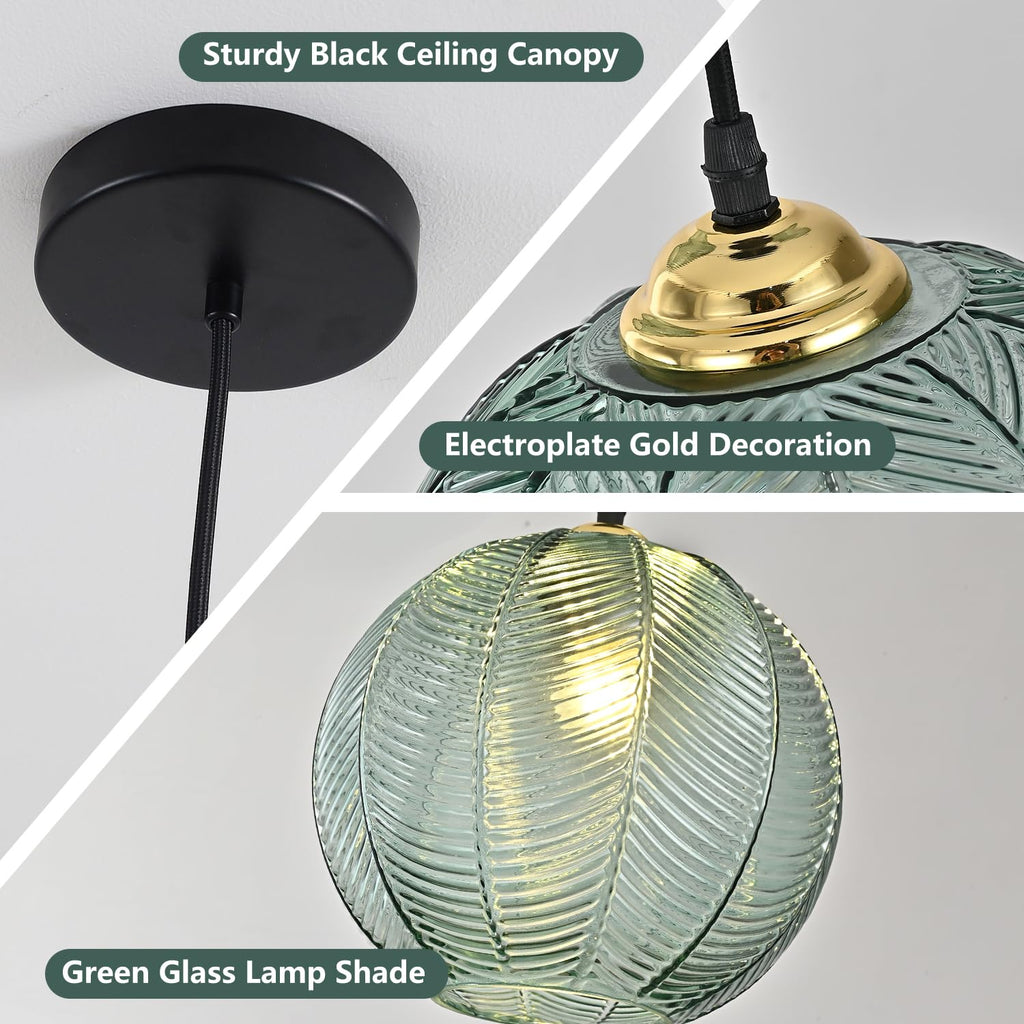 Nordic Green Ribbed Glass Pendant Light for Kitchen Island Decor