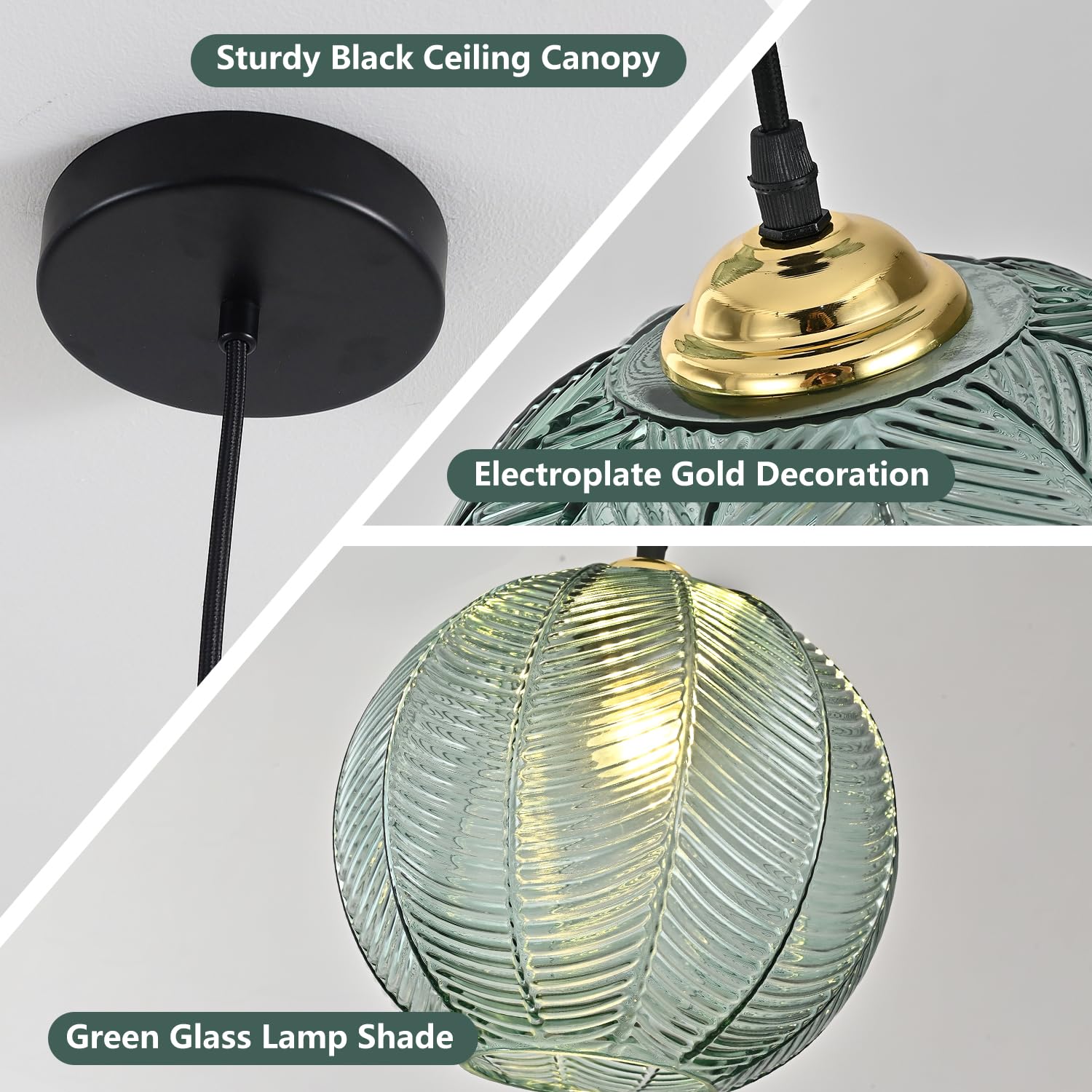 Nordic Green Ribbed Glass Pendant Light for Kitchen Island Decor