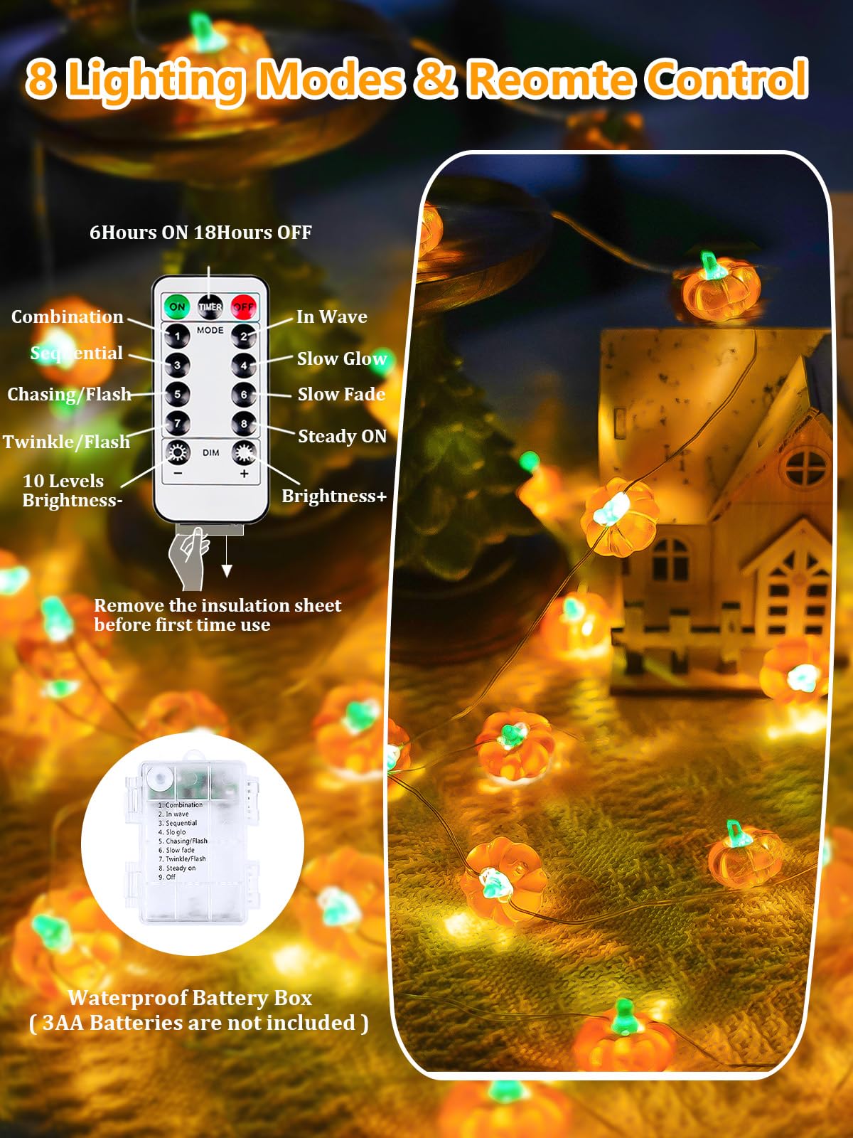 3D pumpkin fall orange string light, 30 LED with remote