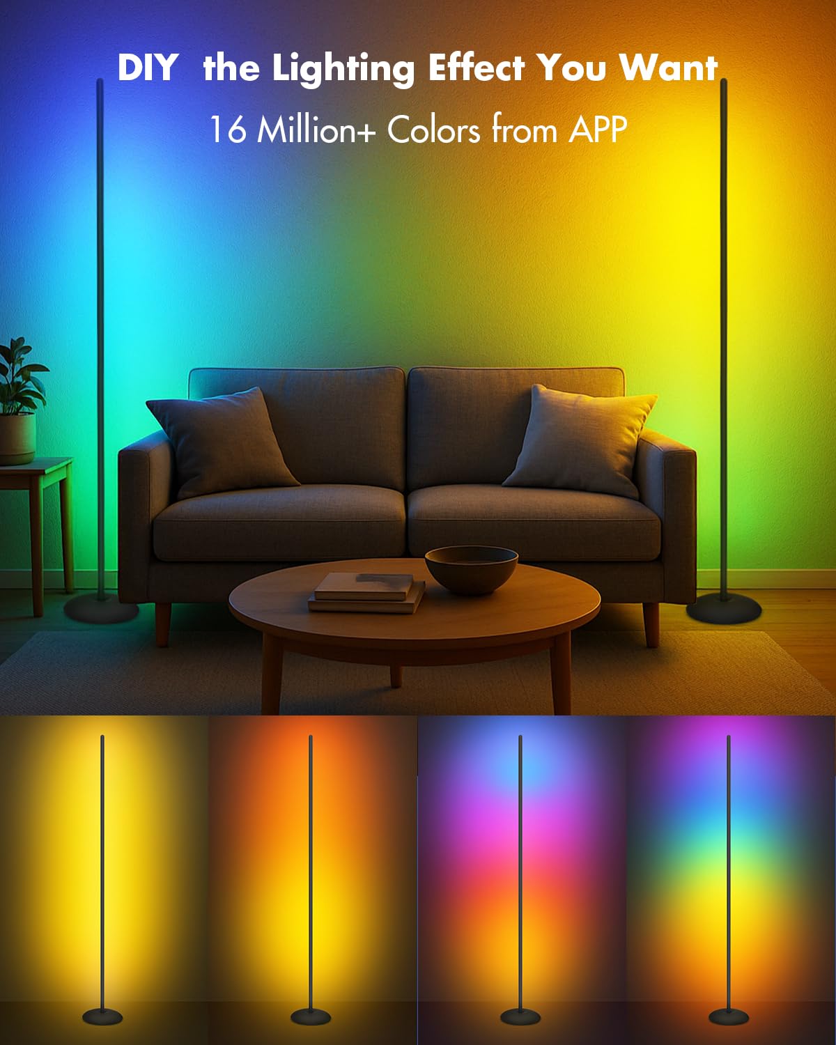 Smart RGB corner floor lamp with 16 million colors, music sync and scene modes
