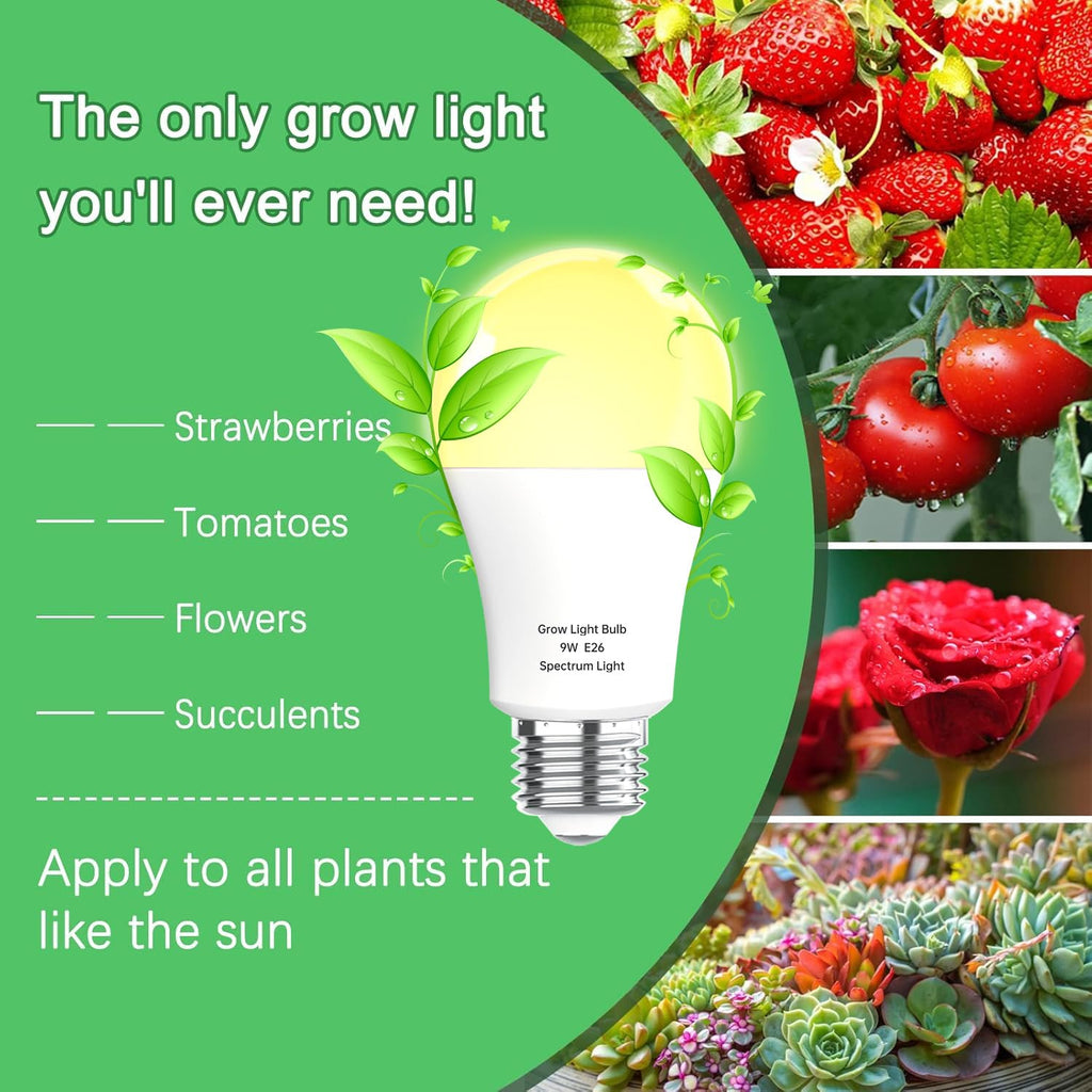 Wiyifada 3-Pack A19 Full Spectrum Grow Light Bulbs – 9W Dimmable, E26 Base, 100W Equivalent for Indoor Plants & Greenhouse