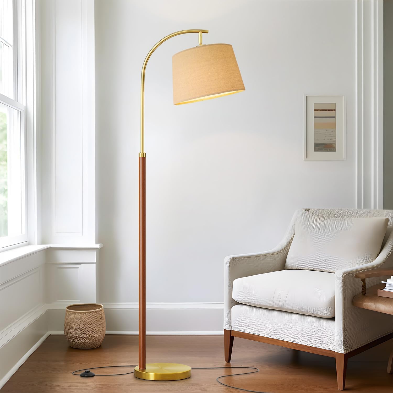 62.5-inch wood arc floor lamp with foot switch, mid-century gold