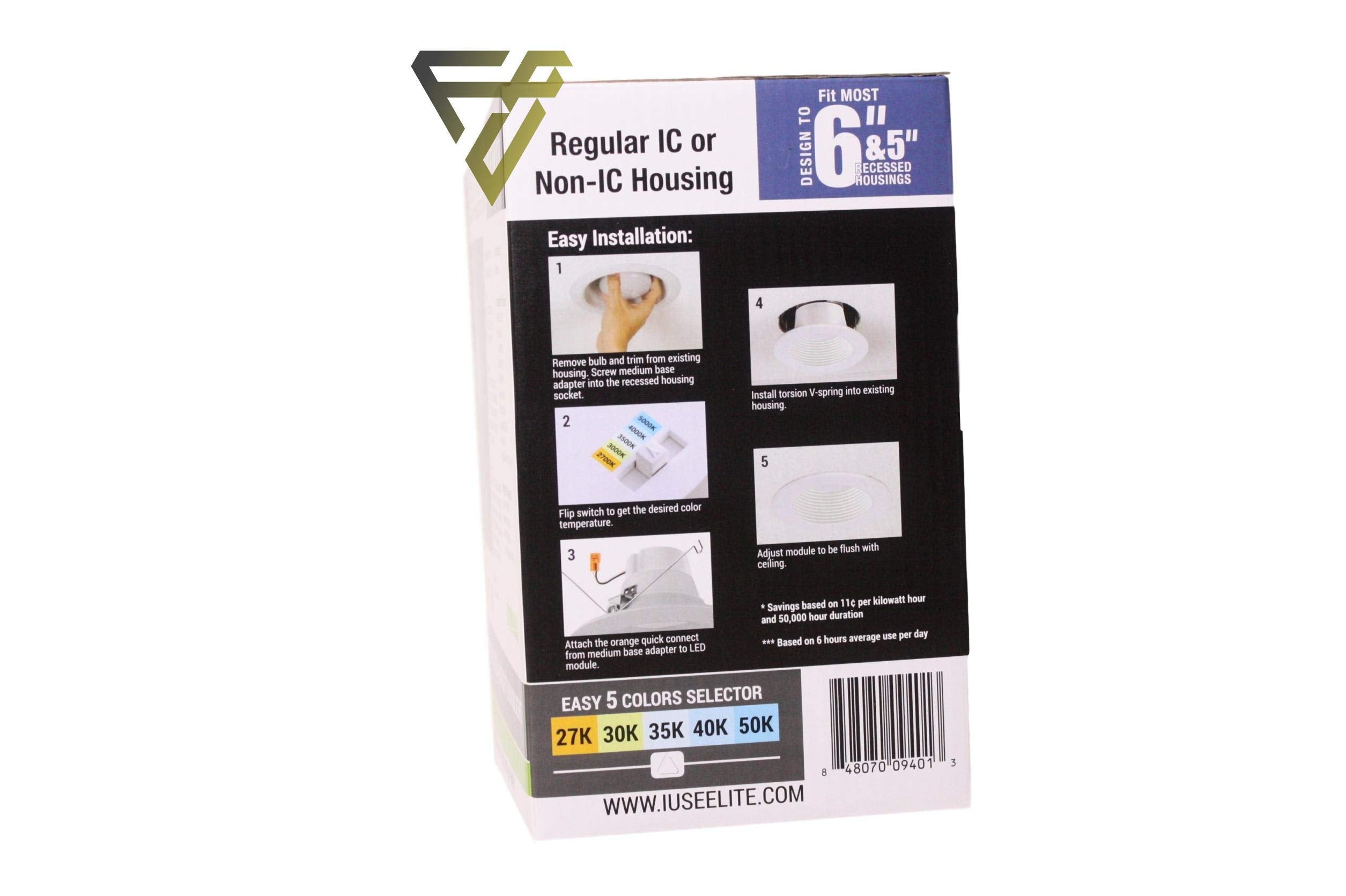 Elite LED Retrofit Baffle Trim 5/6" – CCT Color Selector 2700K/3000K/3500K/4000K/5000K, White for Recessed Lighting