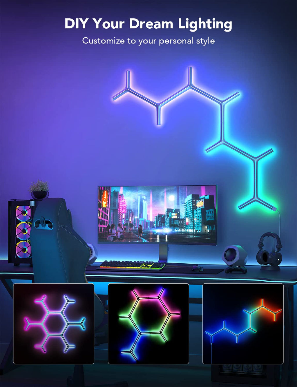 Smart RGBIC wall light panels, 7-pack, gaming room decor lighting