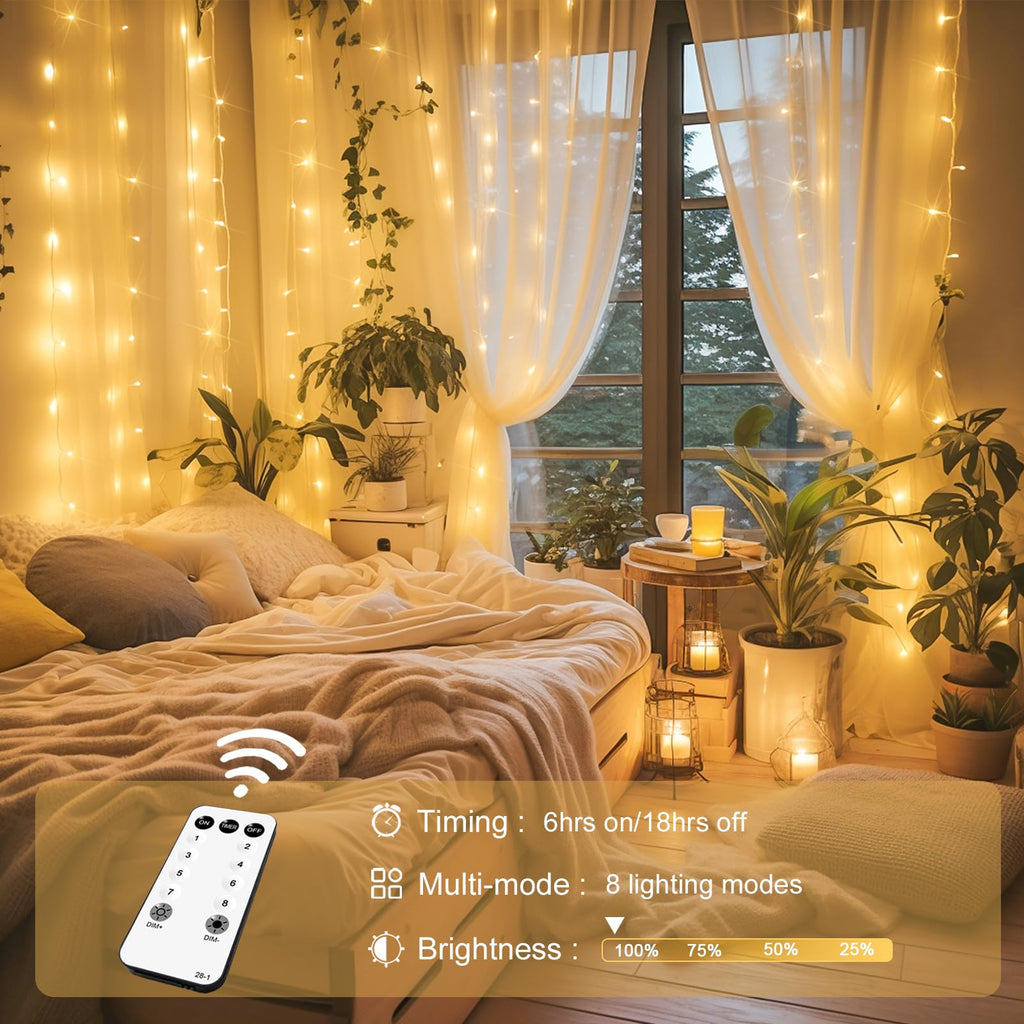 300-LED curtain string light with remote, warm white, window decor