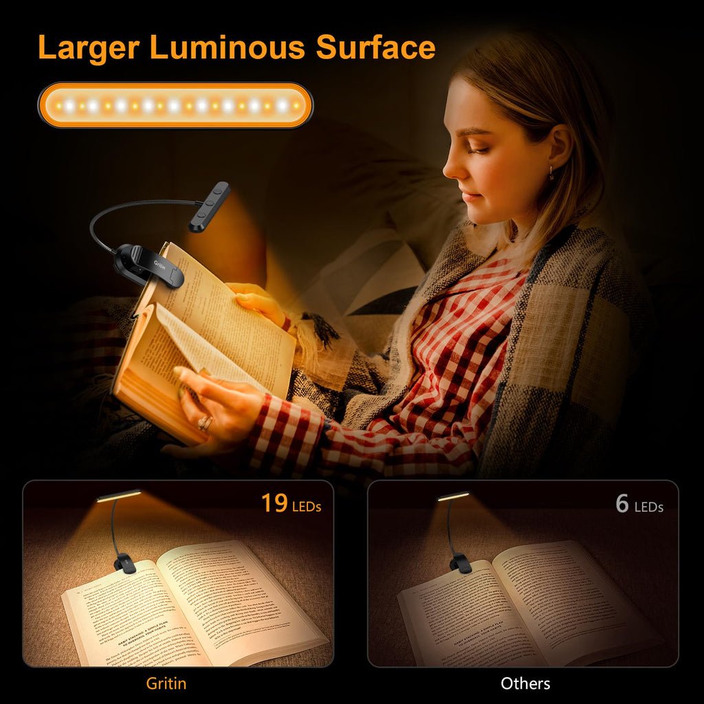 Gritin Rechargeable Book Light – 19 LED, 90Hr Runtime, Eye-Care 3 Color Temps, Memory Function for Reading in Bed