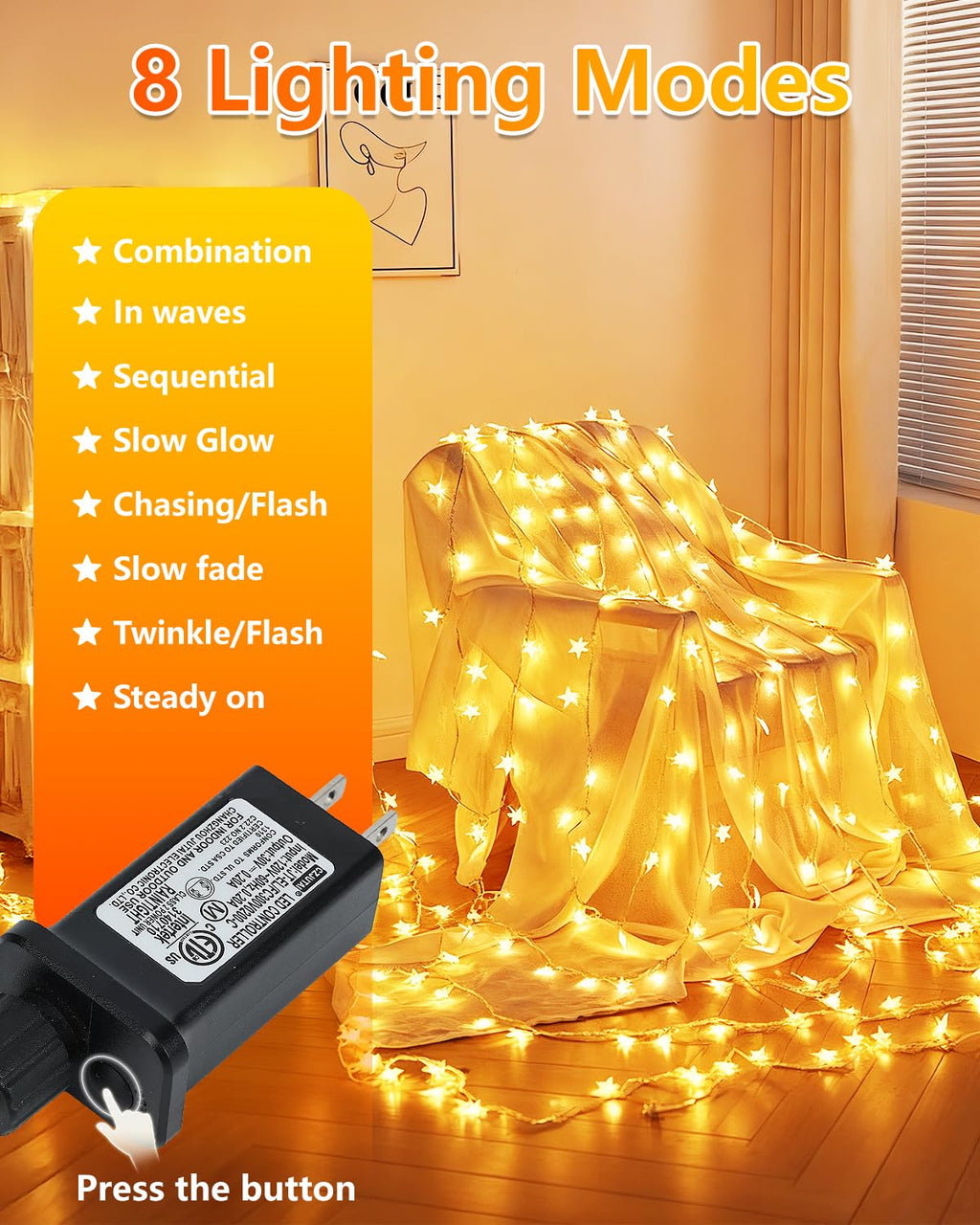 33 ft star-shaped string lights, 100 LED plug-in for bedroom decor