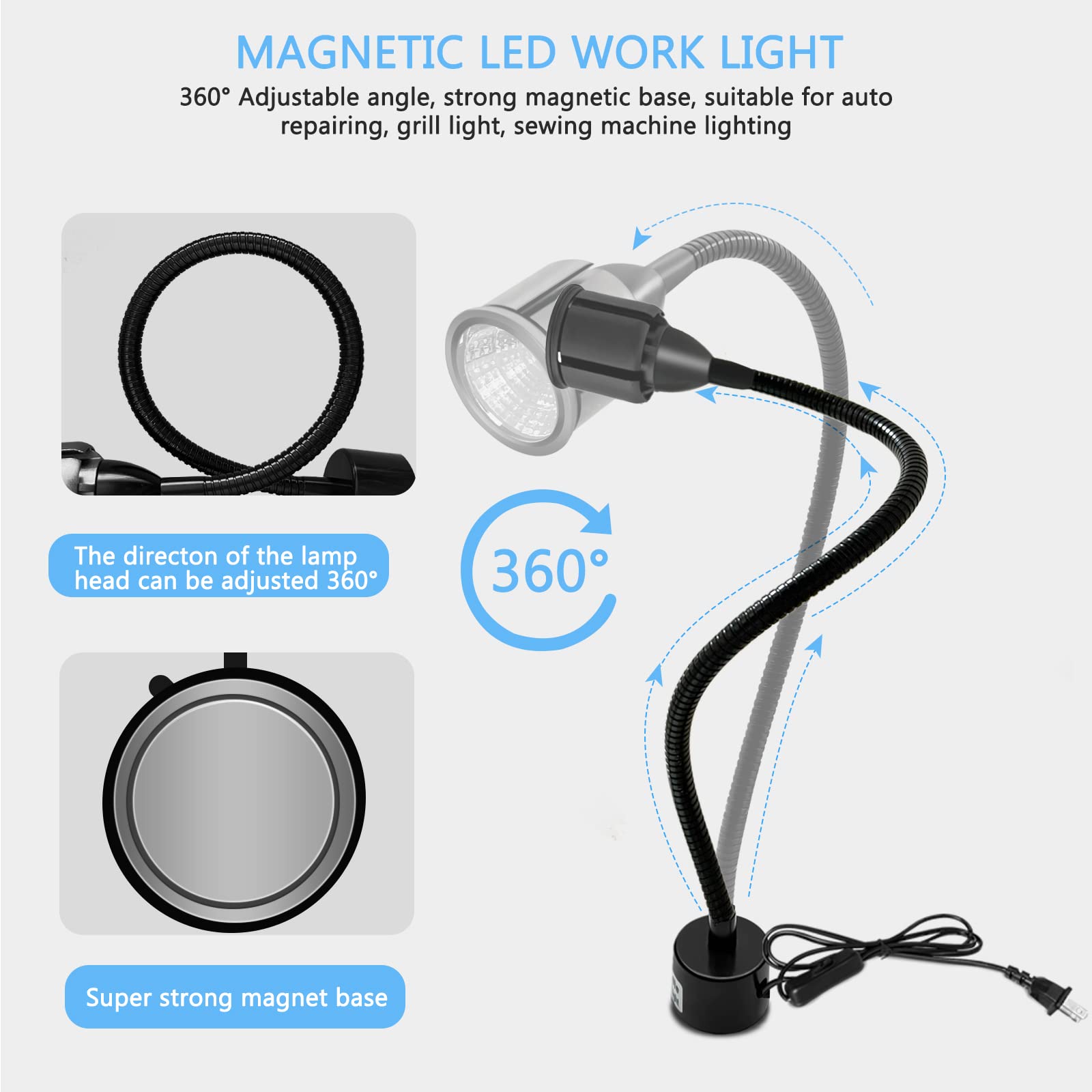 Deeffe Magnetic LED Work Light – 750LM, 7W, Flexible Gooseneck, 16" Reach, Aluminum Base for Workshop & Machine Tasks
