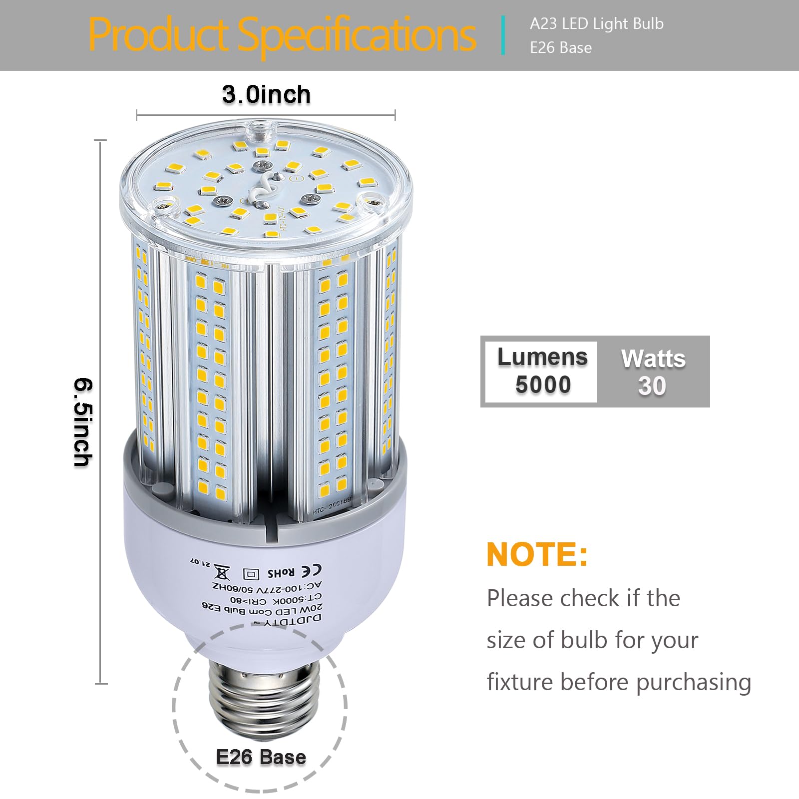 1-Pack 300W Equivalent LED Corn Bulb – 5000LM, 30W, 5000K Daylight, E26/E27 Base for Garage & Warehouse