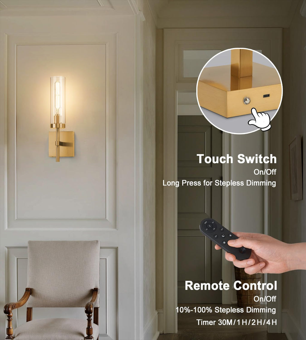 Battery operated gold wall sconce set with remote for home decor