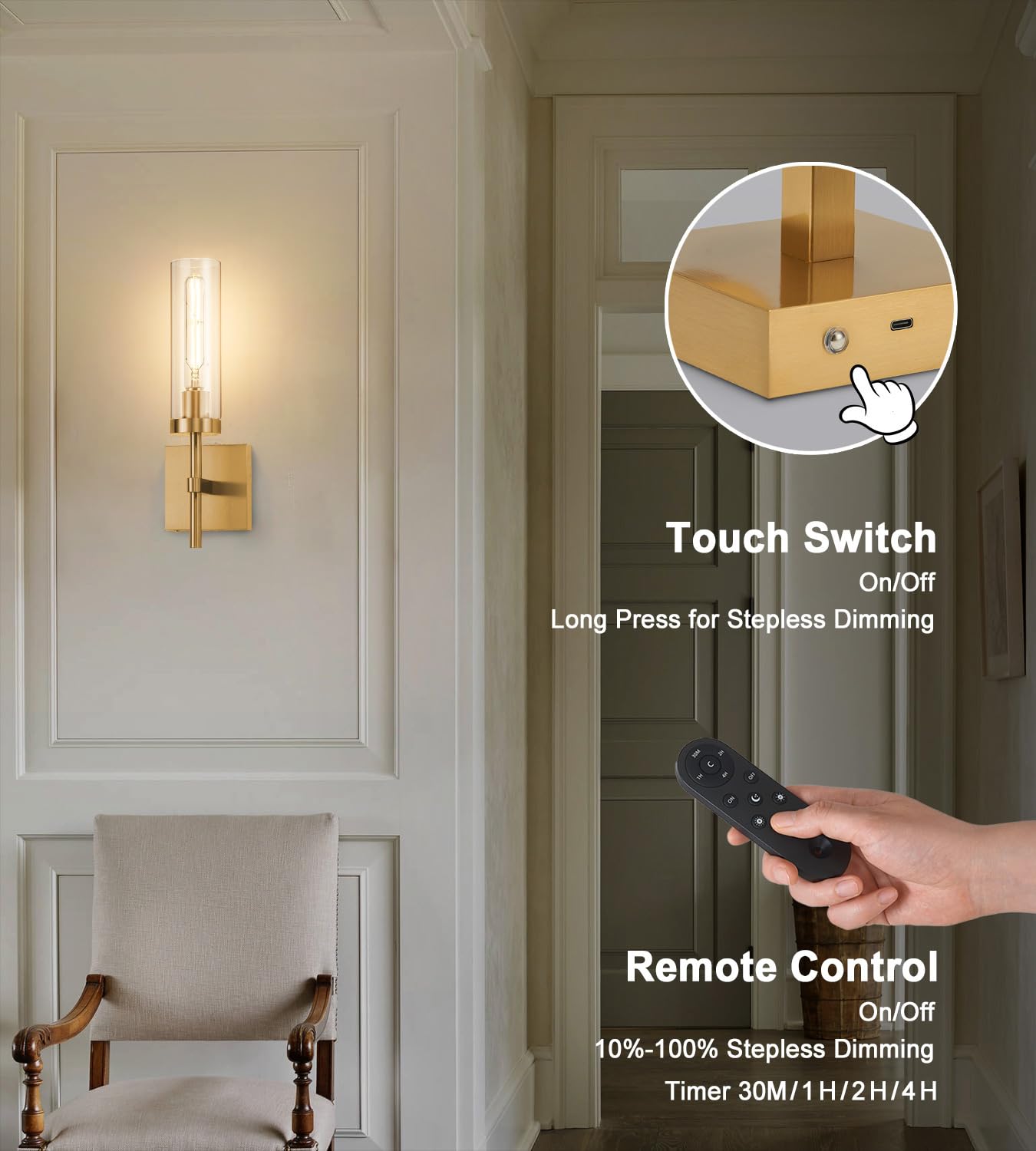 Battery operated gold wall sconce set with remote for home decor