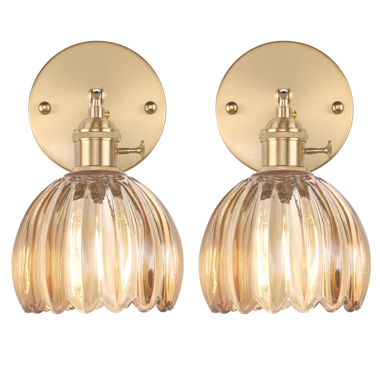 Adjustable brass wall sconce set with amber glass for home decor