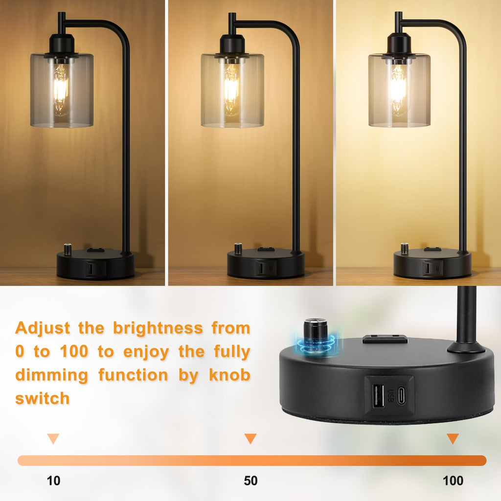 Industrial desk lamp set of 2 with USB ports and glass shade