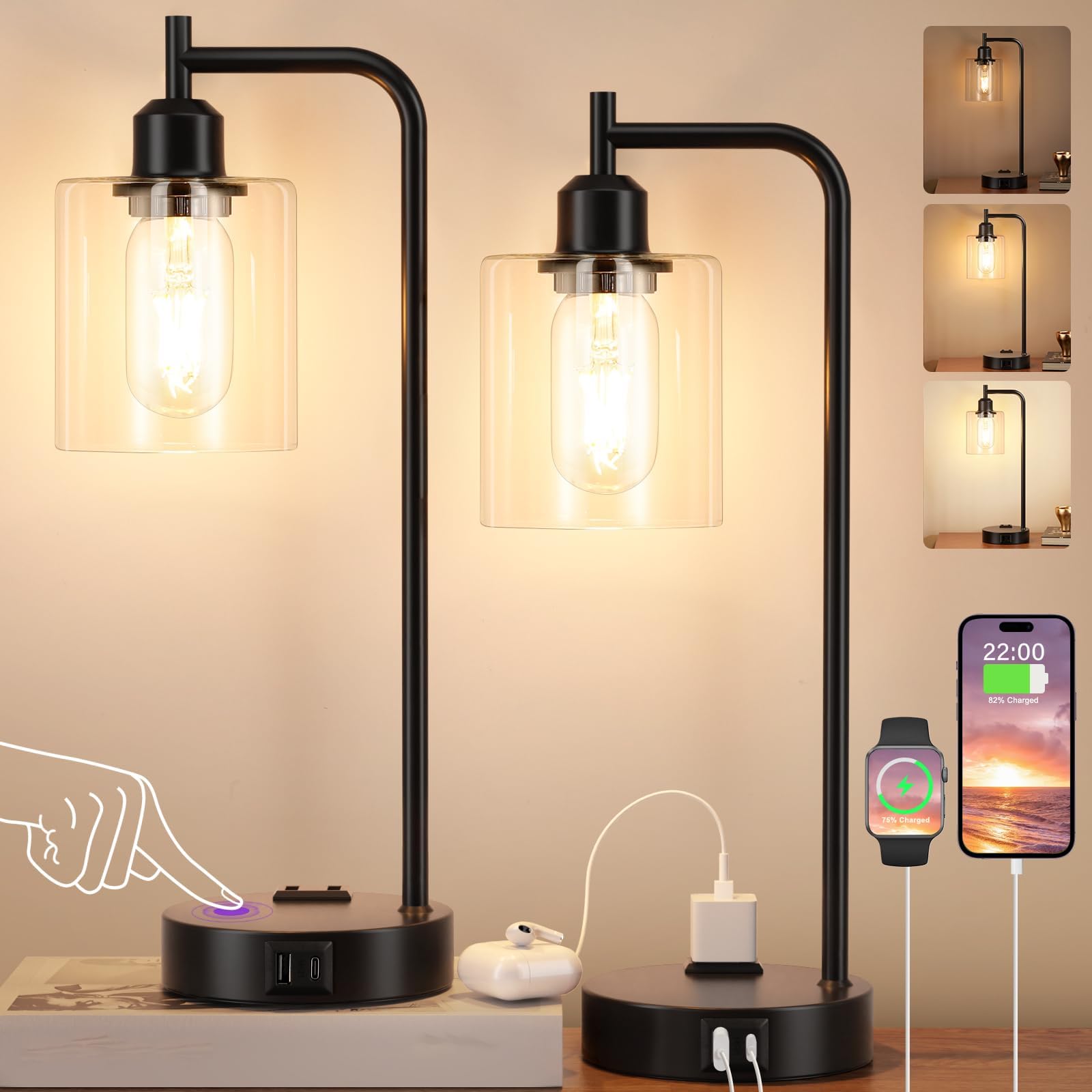 Industrial Touch Bedside Lamp Set of 2 with USB Charging Ports, 3-Way Dimmable