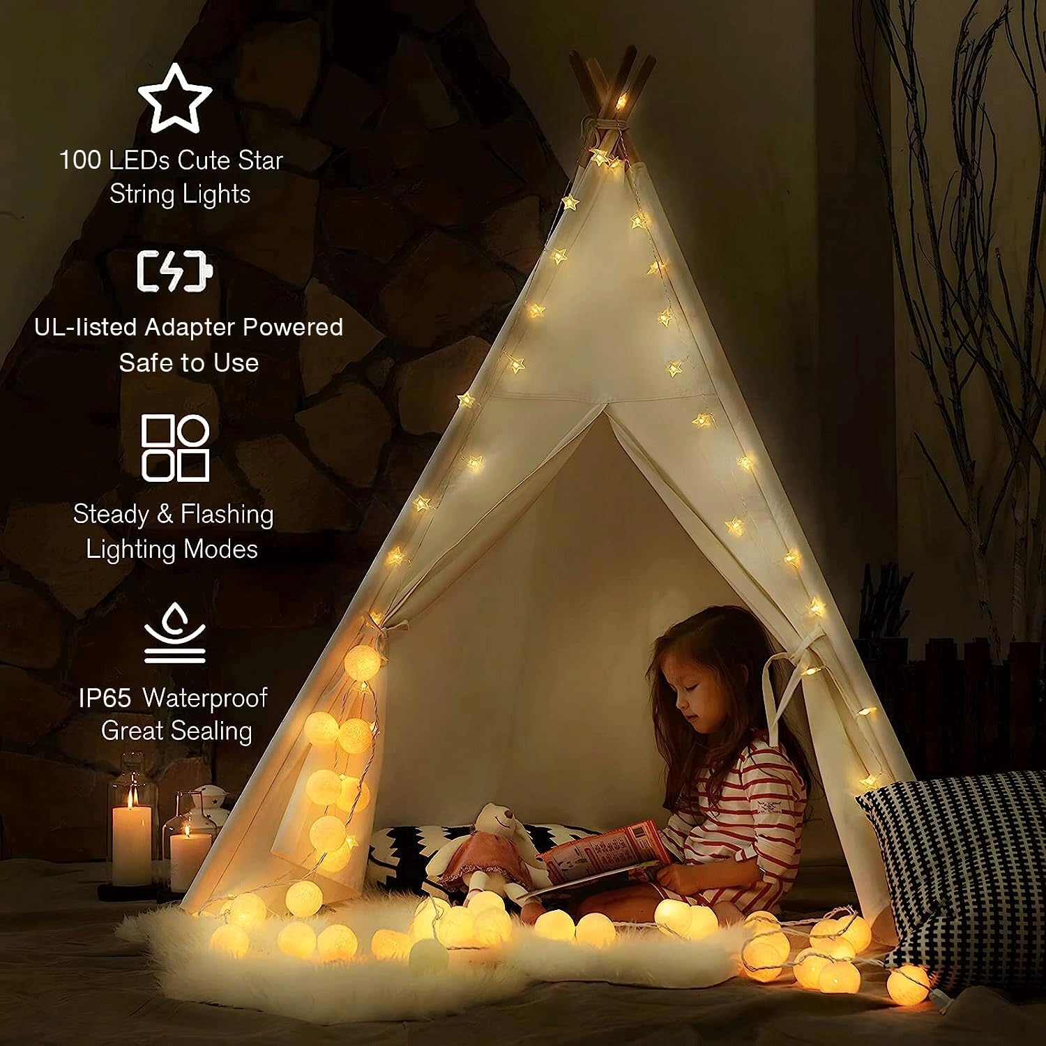 Warm white star string light, 33 ft, 100 LED, plug-in with timer