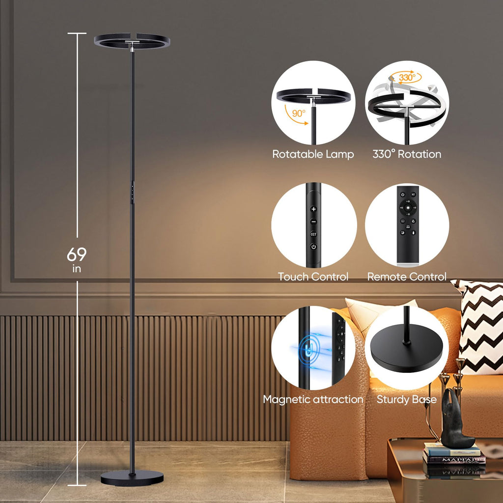 Rotatable modern LED floor lamp, dimmable with remote control