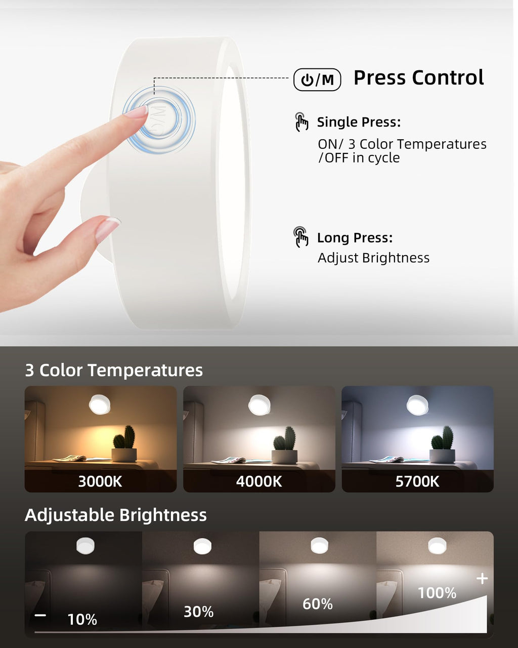 Rechargeable LED wall sconces, set of 3, cordless home decor