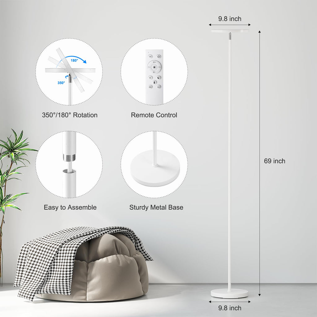 69-inch torchiere floor lamp, 3000-lumen dimmable LED with remote