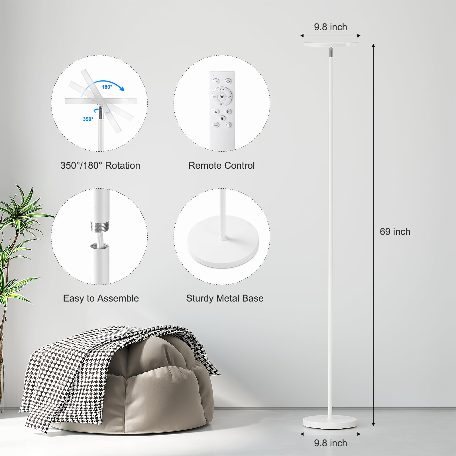69-inch torchiere floor lamp, 3000-lumen dimmable LED with remote