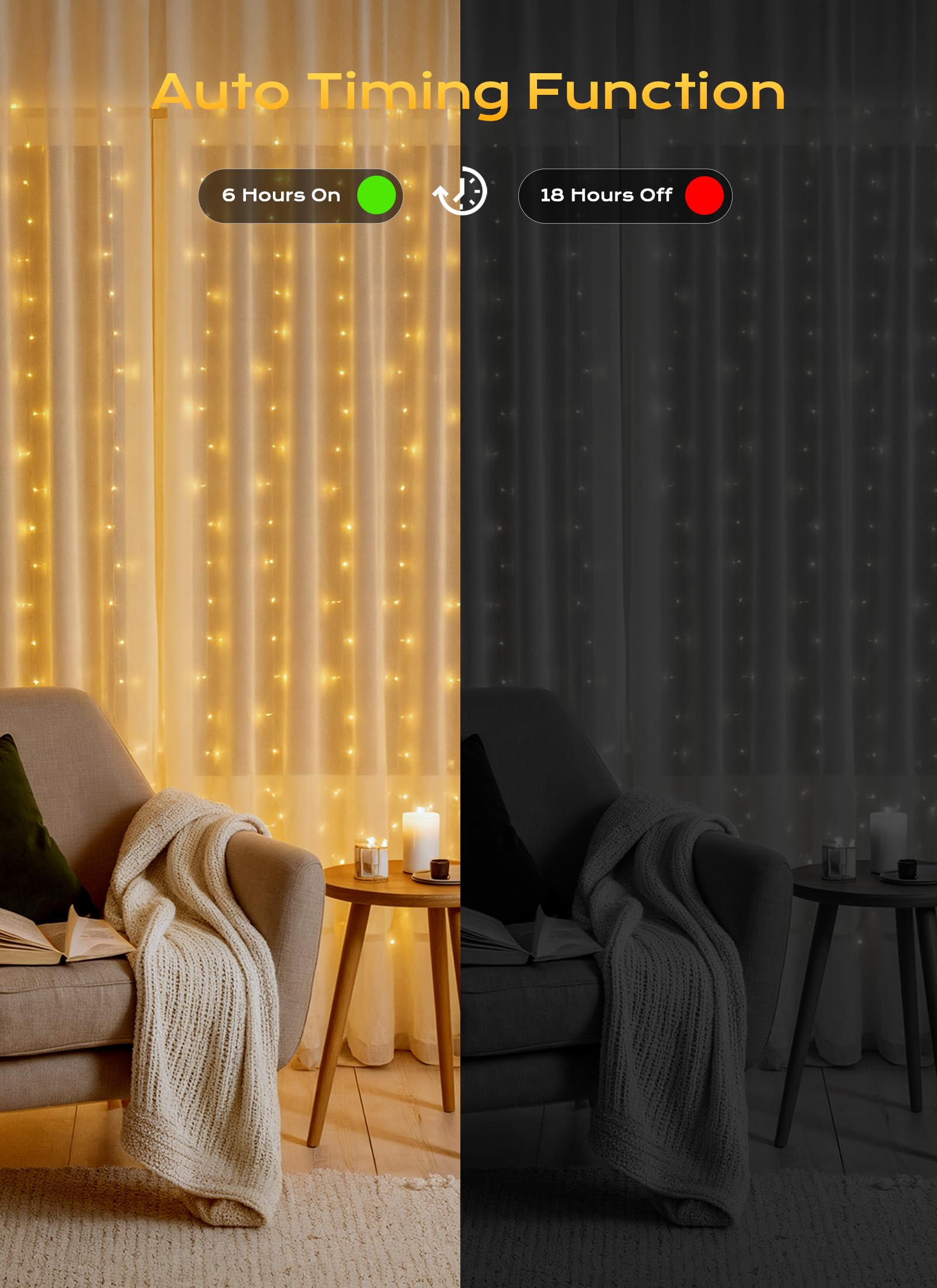 9.8 ft plug-in curtain string lights, 300 LED with 8 lighting modes