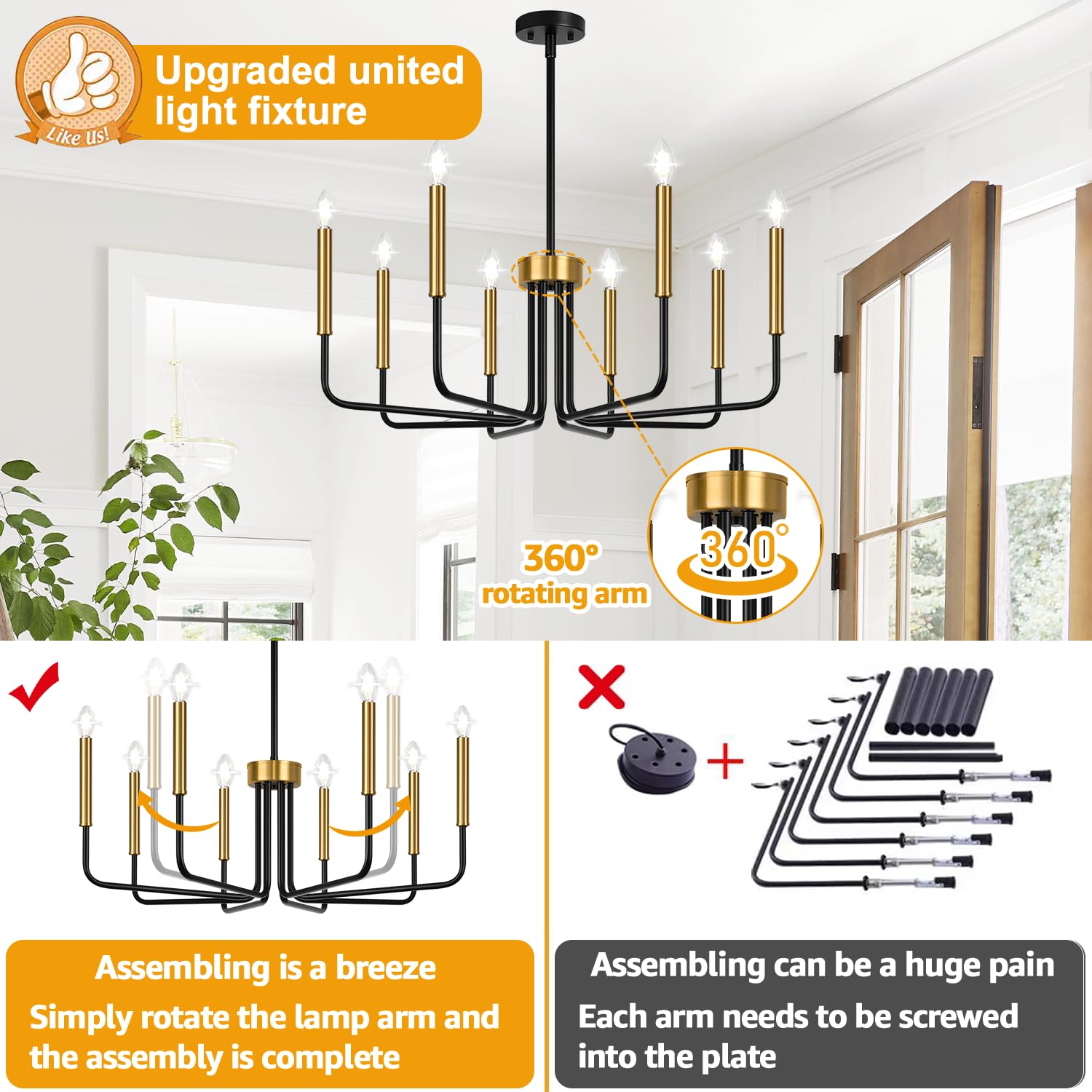 Black and Gold 8-Light Farmhouse Candle Chandelier for Decor