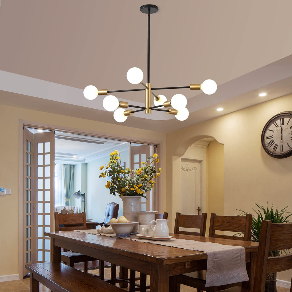 8-light Sputnik chandelier, height-adjustable black & gold ceiling decor