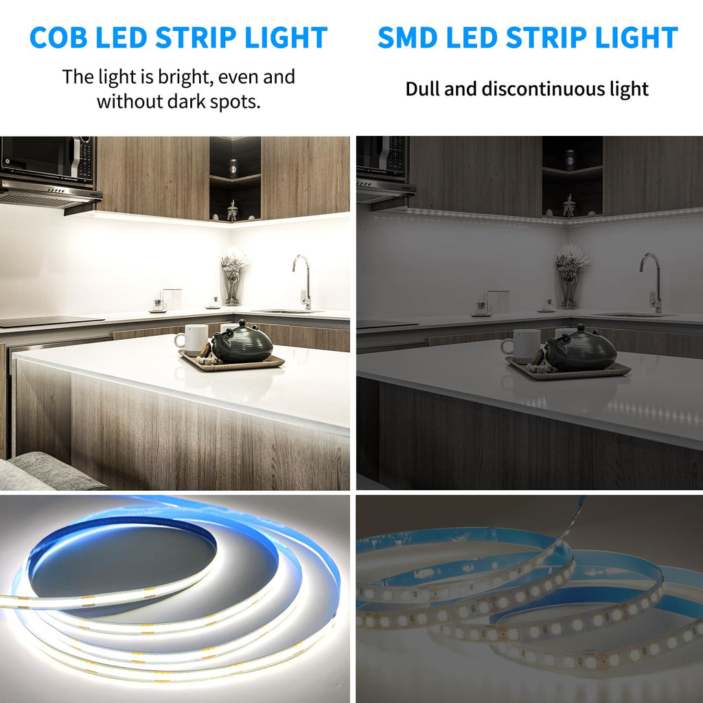 Yeewhale COB LED Strip Lights 16.4FT – 24V Dimmable, 6000K Cool White, Remote & App Control for Bedroom & DIY Decoration