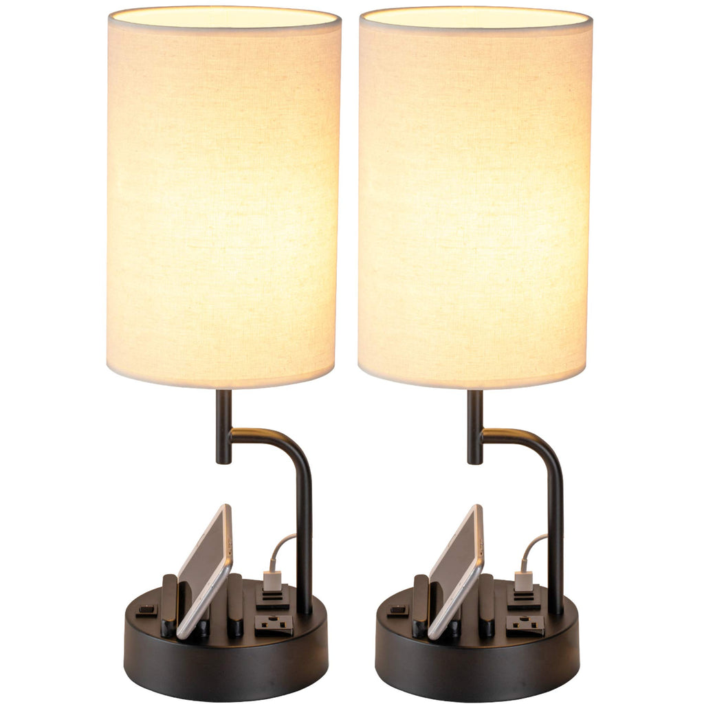 Table lamp set of 2 with 3 USB ports, AC outlet and built-in phone stand