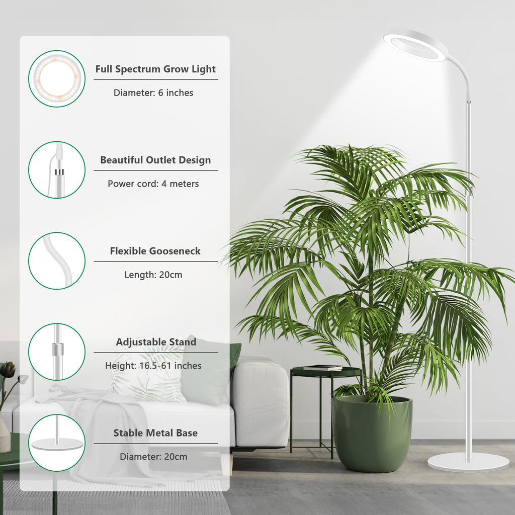 Aumtrly Floor Grow Light Full Spectrum – 68" Stand, 6/12/16H Timer, 3 Light Modes, 5 Dimming Levels for Indoor Plants