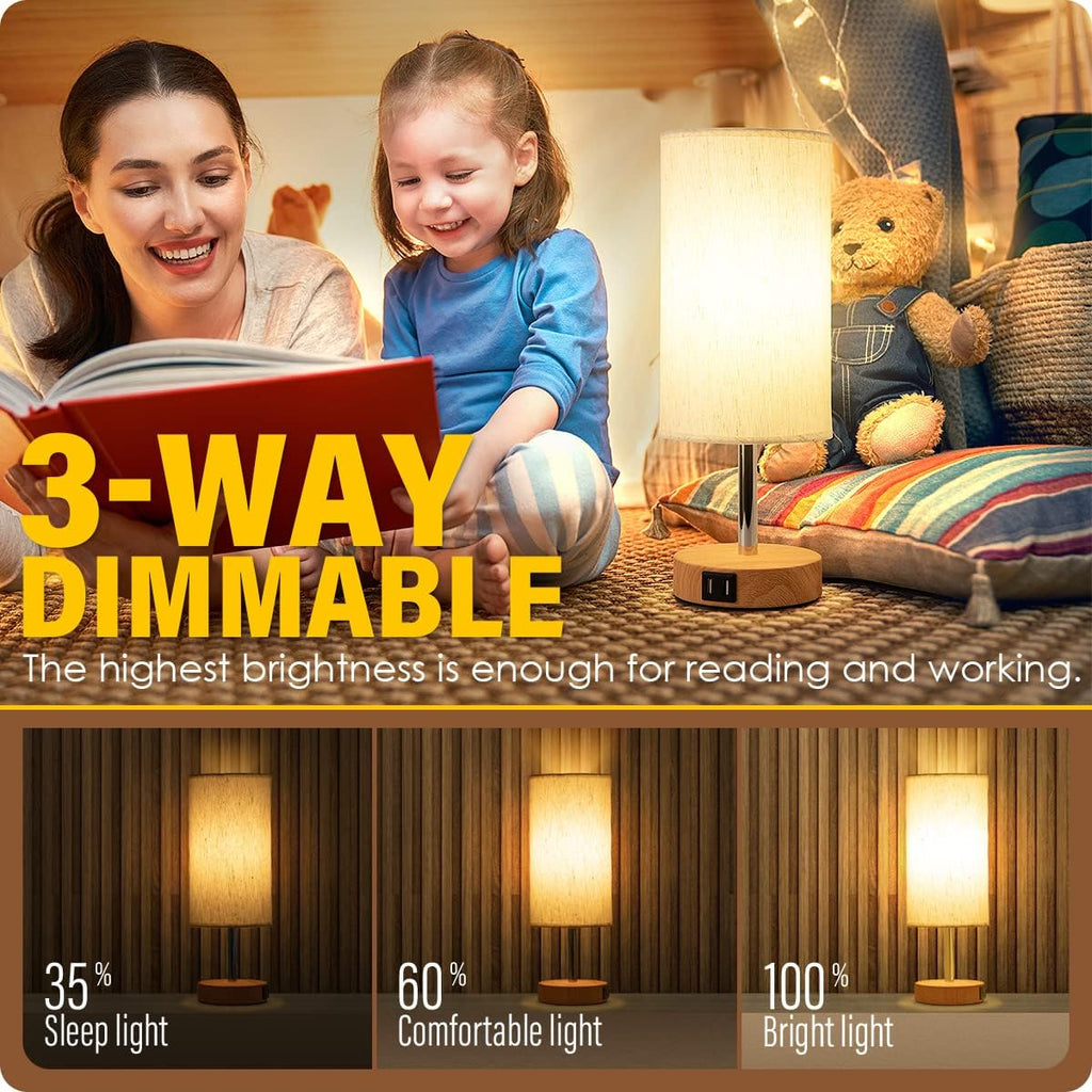 Touch Control Bedside Lamp with USB Ports, 3-Way Dimmable, Fabric Shade