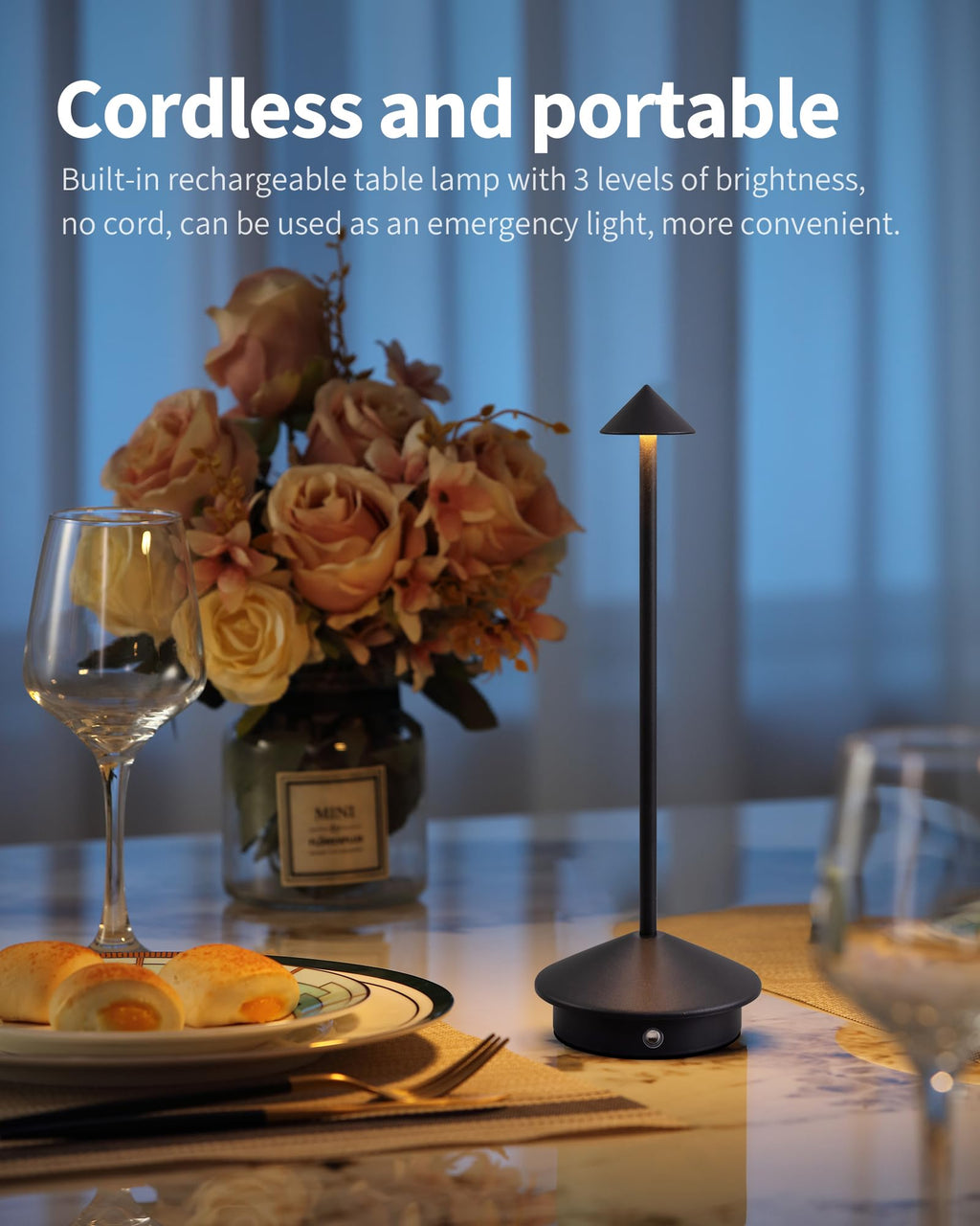 Cordless rechargeable table lamps, set of 2, with LED dimming