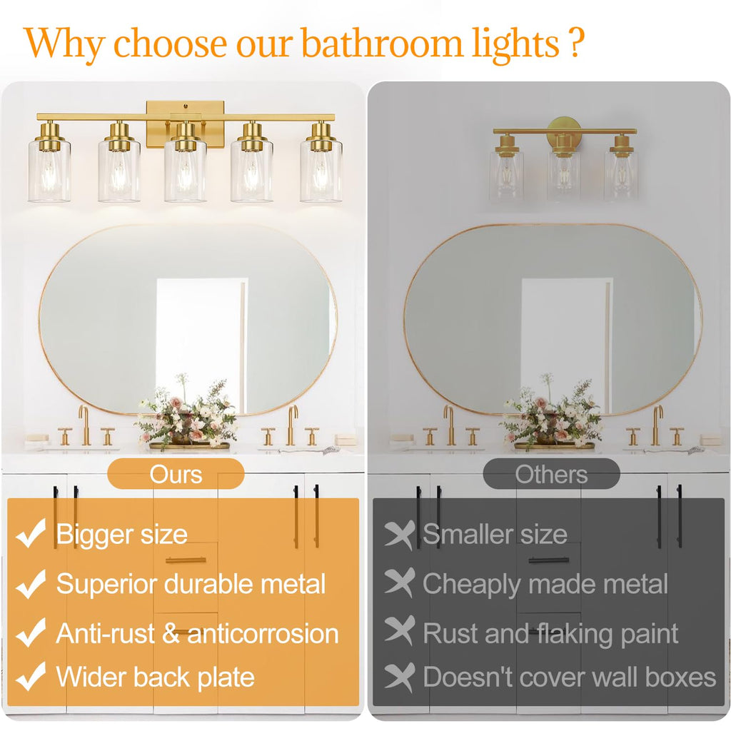 Brushed gold 5-light bathroom vanity fixture for home decor