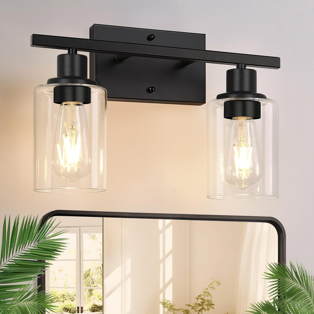 Matte black 2-light vanity fixture, modern bathroom decor