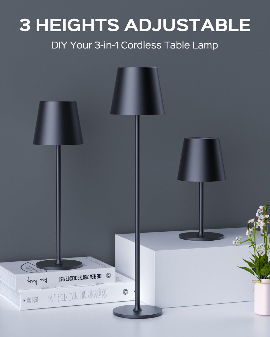 Cordless rechargeable table lamp 2-pack with adjustable height and waterproof design
