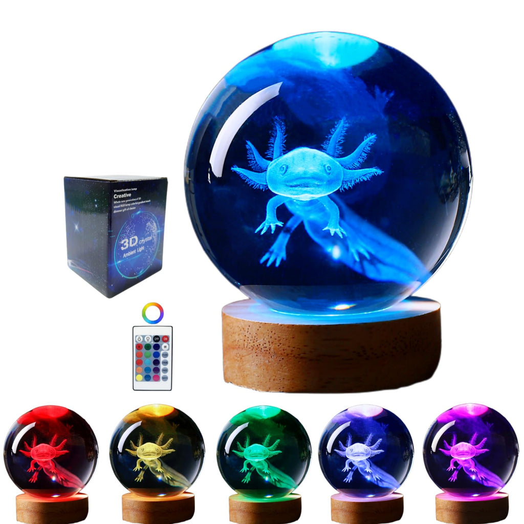 3D crystal axolotl night light with wooden base and remote
