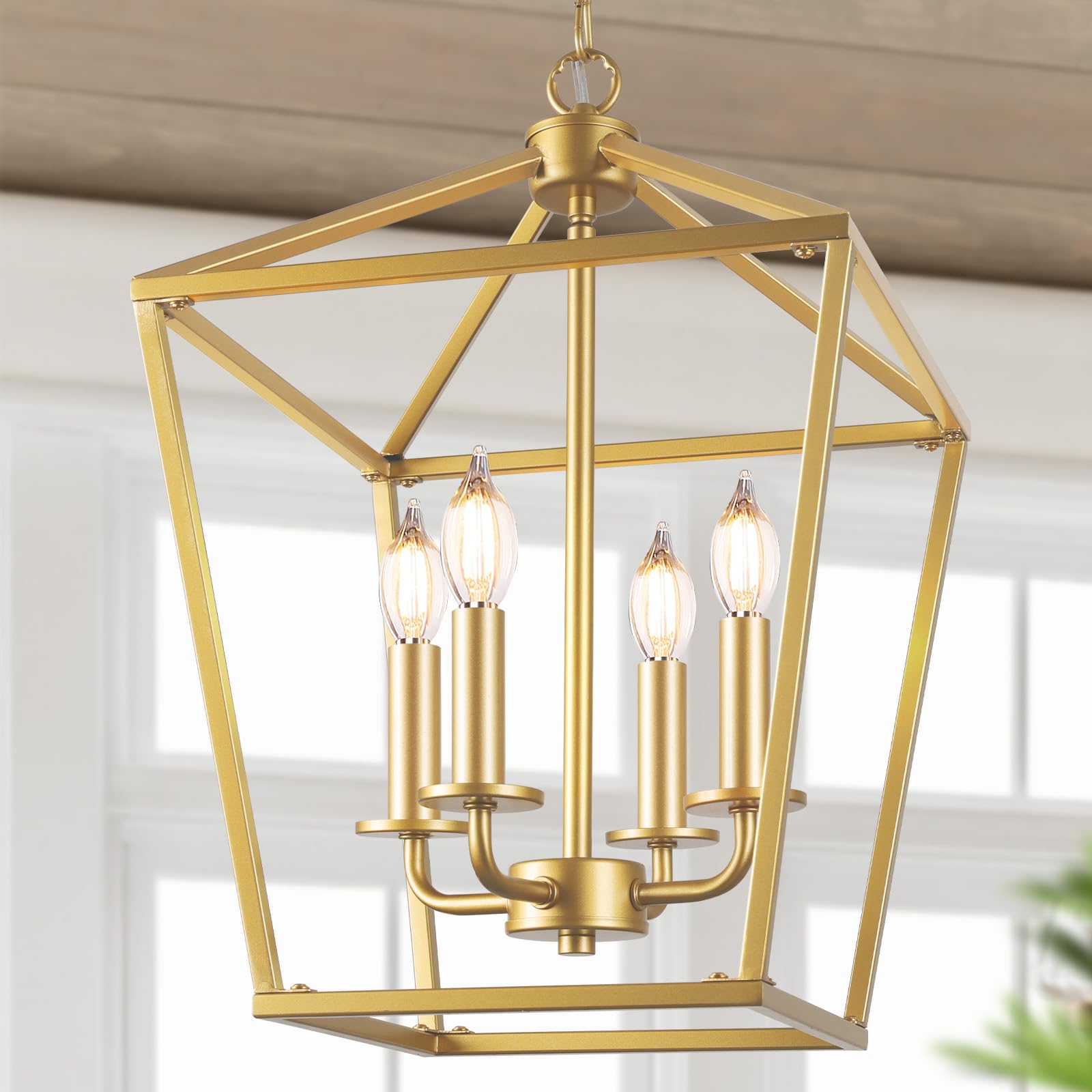 Gold 4-Light Farmhouse Cage Lantern Chandelier for Kitchen Decor