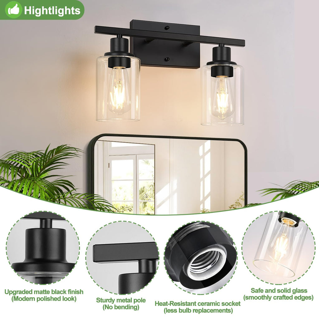 Matte black 2-light vanity fixture, modern bathroom decor