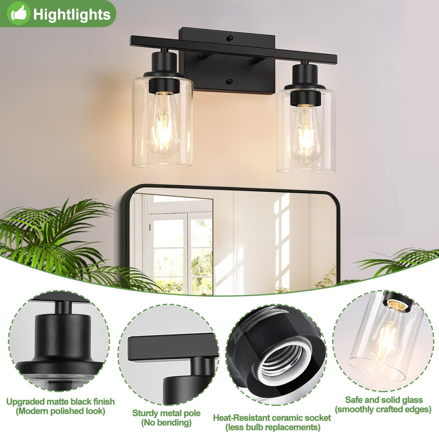 Matte black 2-light vanity fixture, modern bathroom decor