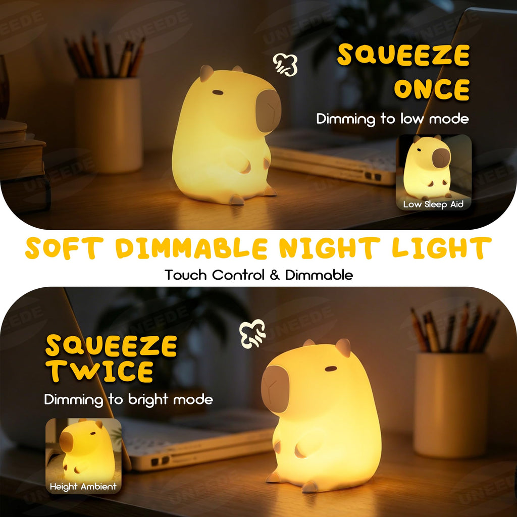 Squishy capybara silicone night light with touch sensor, rechargeable