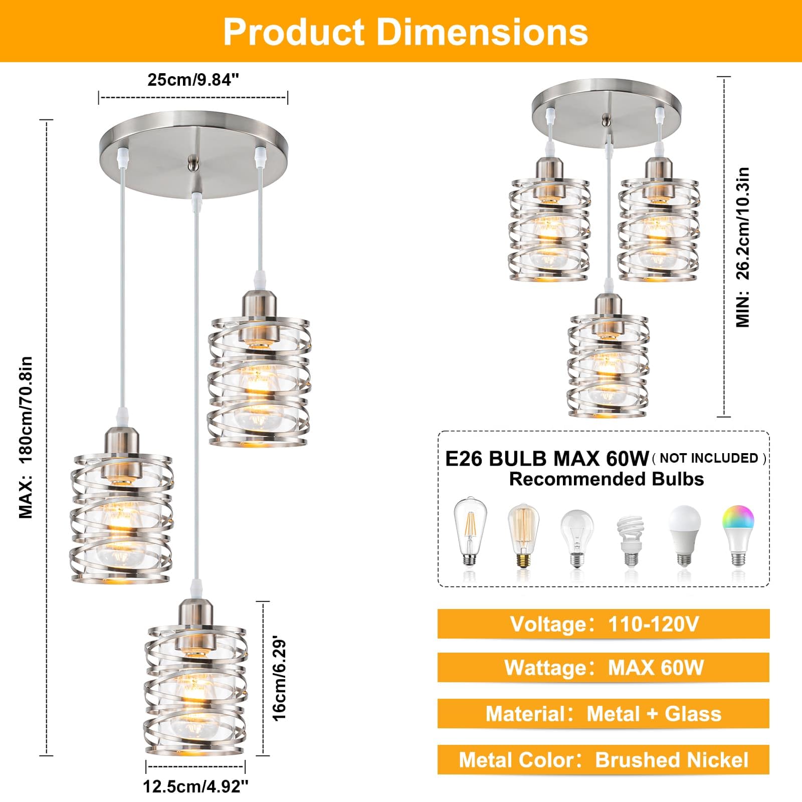 Brushed Nickel 3-Light Cluster Pendant with Glass Shades for Kitchen Decor