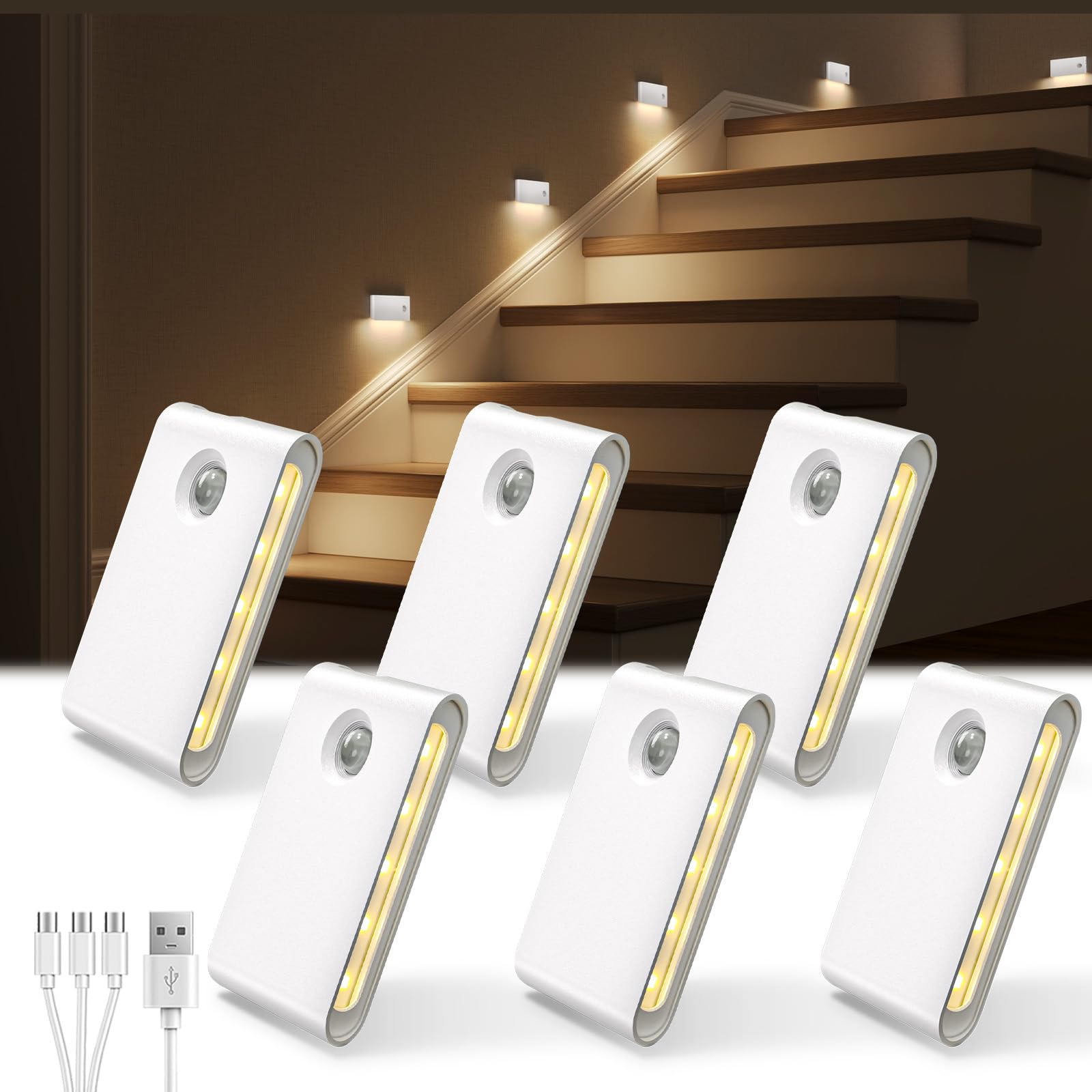 6-pack rechargeable motion sensor night lights for stairs and hallways