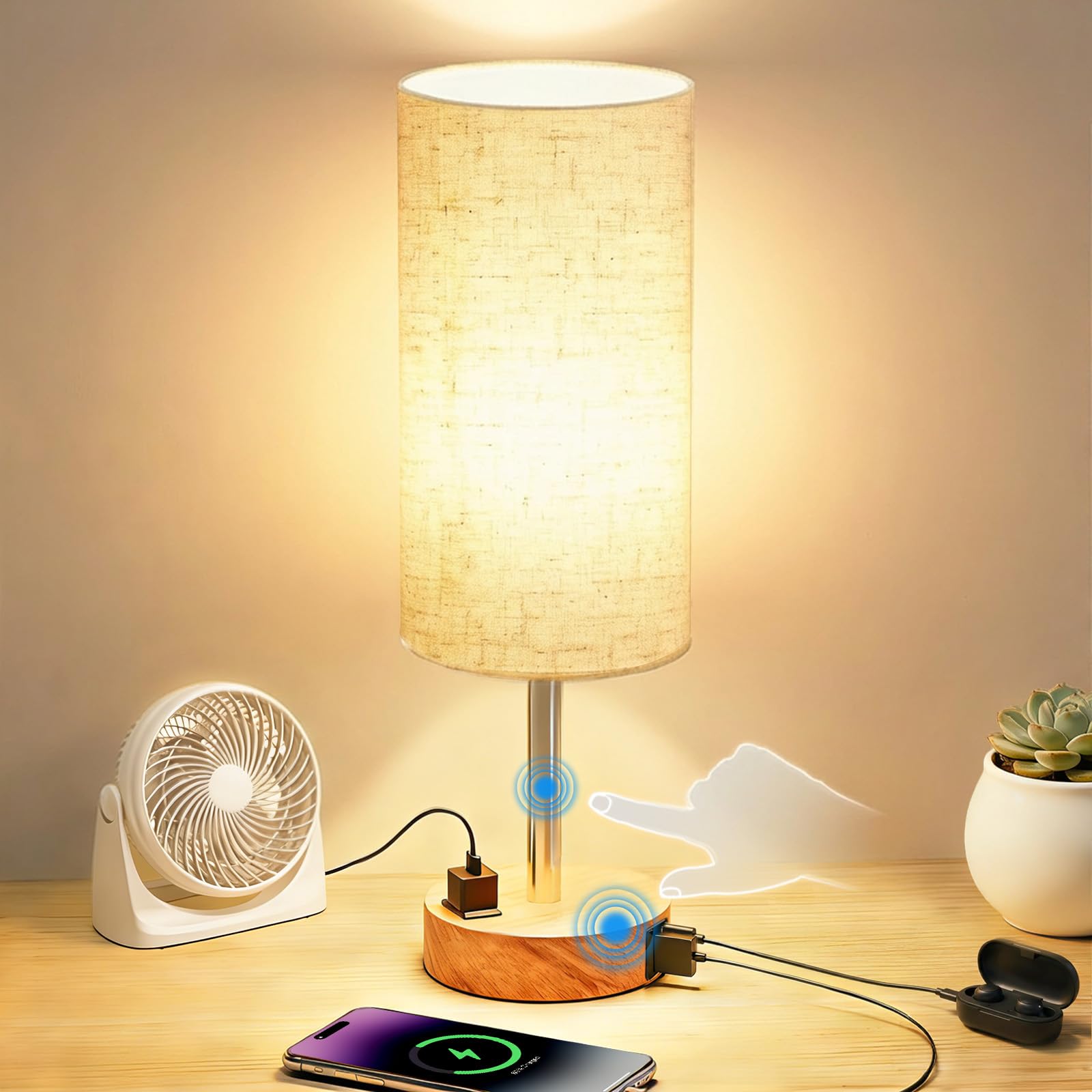 Touch control bedside table lamp with USB-C charging port, dimmable